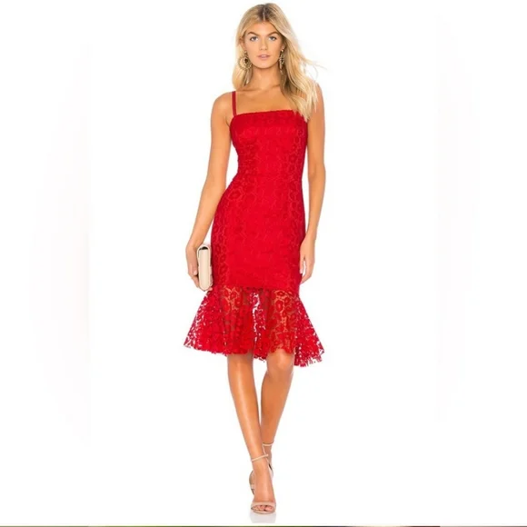 MILLY Kiss Red Lace Spaghetti Strap Slim Grace Dress With Flounce Hem - Picture 1 of 16